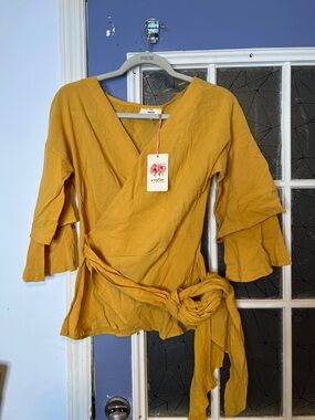 Entro small Wrap Front Mustard Yellow Women's Top with Waist Tie NWT
